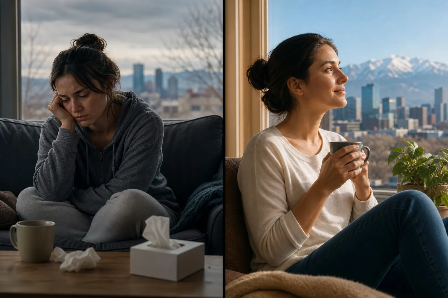 Contrasting Sad and Contented Women by a Window Split view of a downcast woman beside tissues and a smiling woman holding a mug, with a city and mountains outside.