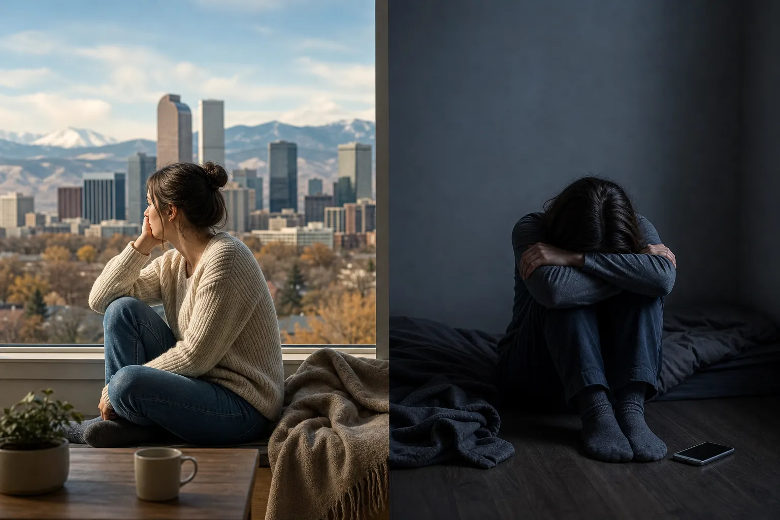 Contrasting Scenes of Sadness and Withdrawal Split scene showing a woman gazing out at a city and mountains, and another curled on a dark bed with her face buried in her arms.