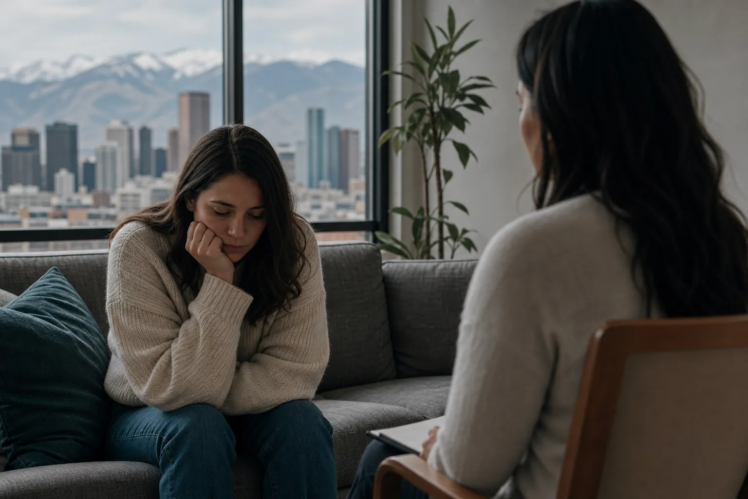 Downcast Woman Seated Across From a Listener A downcast woman rests her cheek on her hand on a sofa opposite another woman, with a city skyline and mountains behind them.