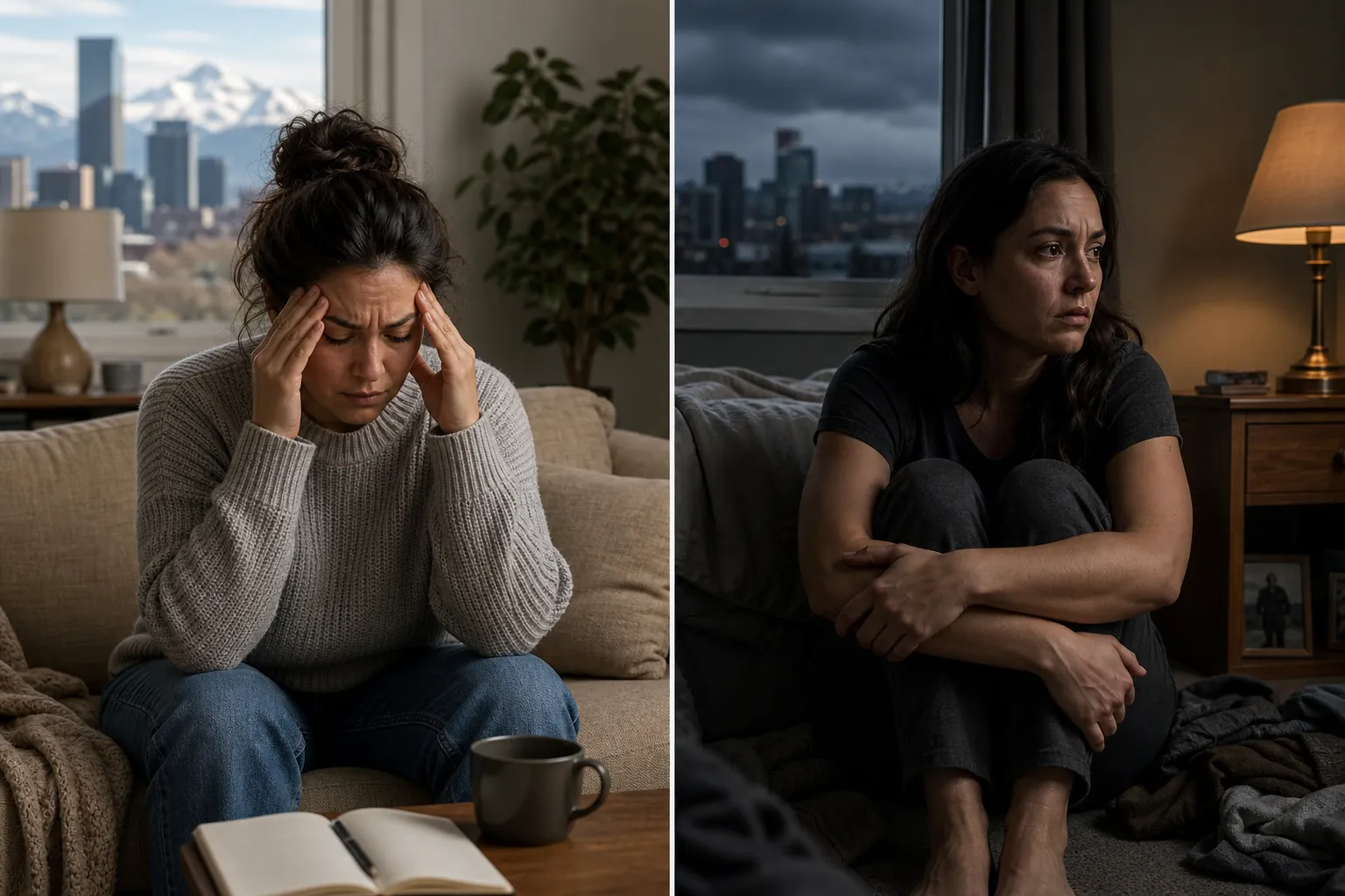 Two Distressed Women in Contrasting Living Rooms Split view of two distressed women on sofas, one pressing her temples and the other hugging her knees beside a window.