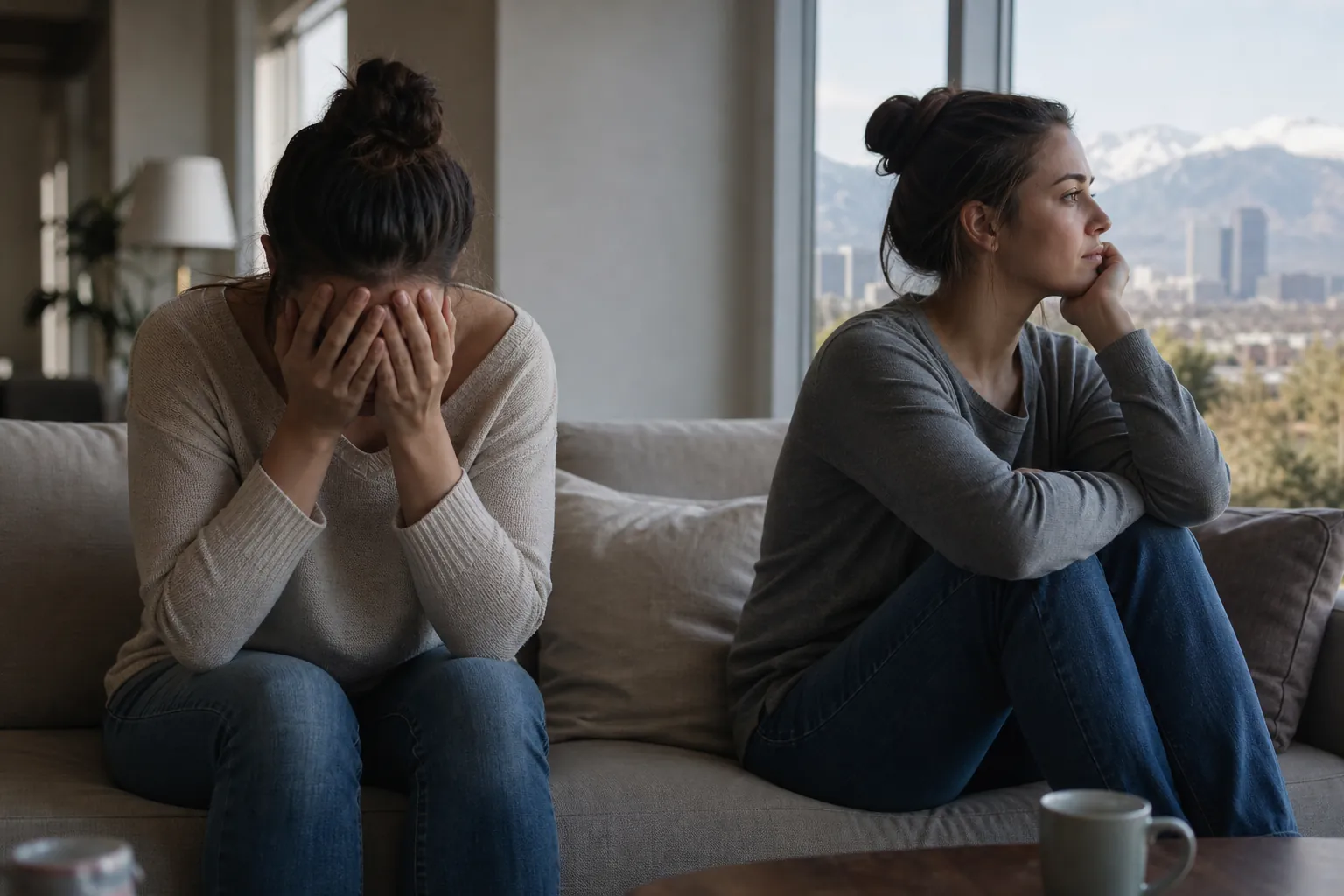 Two Women Showing Distress and Quiet Reflection Two women sit on a sofa, one covering her face and the other gazing out a window toward a city and mountains.