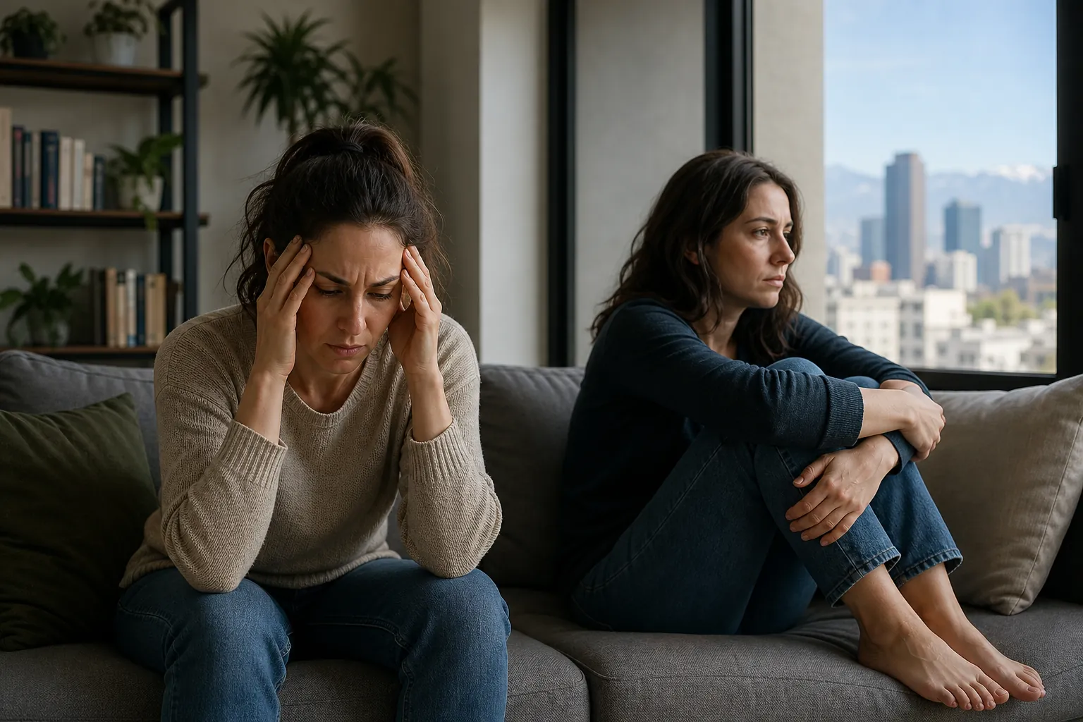 Two Women Showing Distress on a Sofa Two women sit on a gray sofa, one pressing her temples and the other hugging her knees while looking out a city-facing window.