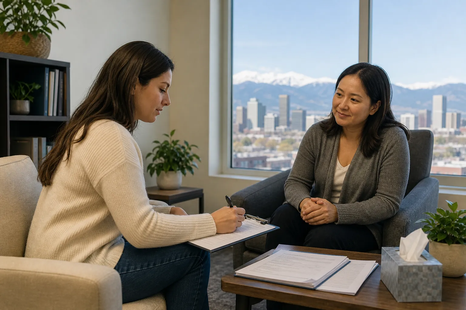 Reviewing Paperwork in a Counseling Office Two women sit across from each other as one writes on a clipboard, with paperwork on a table and mountains beyond the window.