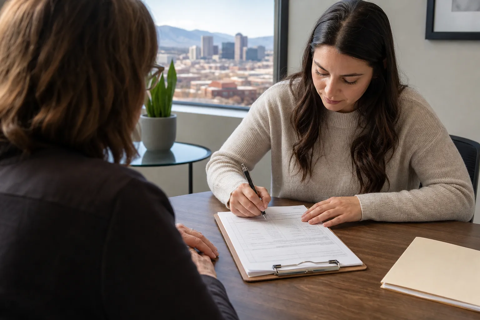 Woman Completing Paperwork at an Office Desk A woman fills out a form on a clipboard across a wooden desk from another woman, with a city view through the window.