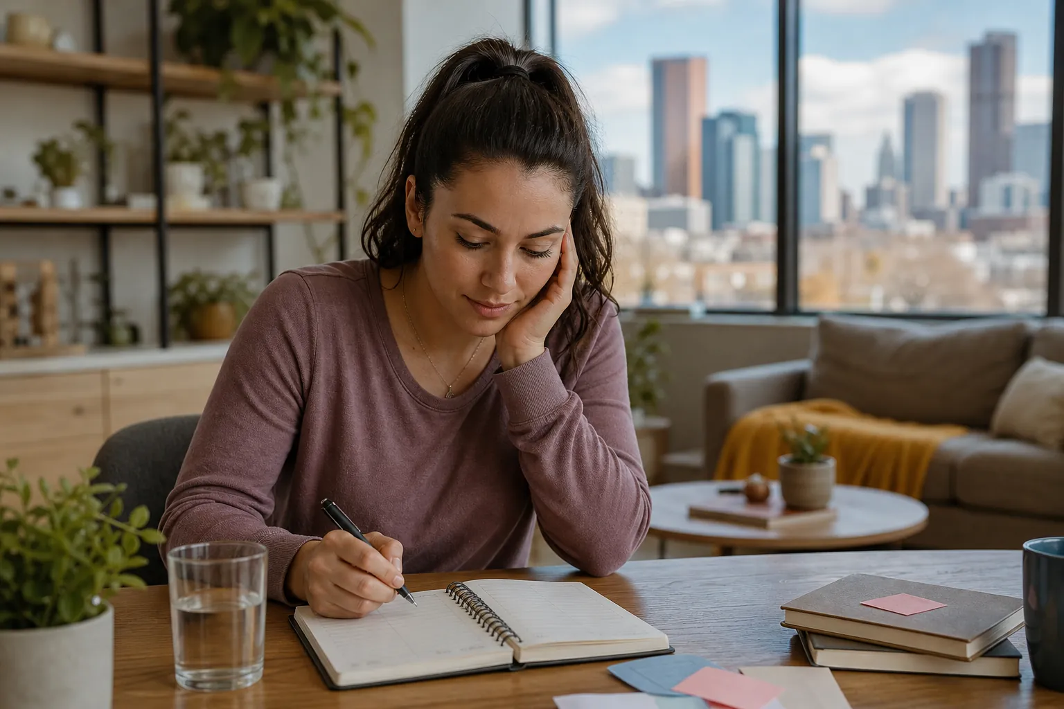A woman rests her cheek on one hand while writing in a spiral notebook at a wooden table beside large city-facing windows.