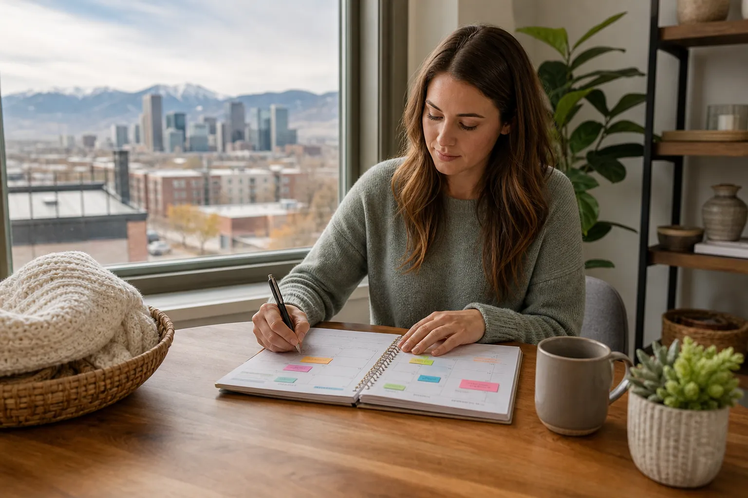 A woman writes in an open planner with colorful notes at a wooden table beside a window overlooking a city and mountains.