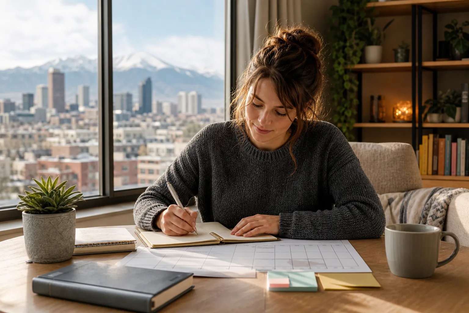 A woman writes in a notebook beside a large calendar, sticky notes and a mug, with a city and mountains outside the window.