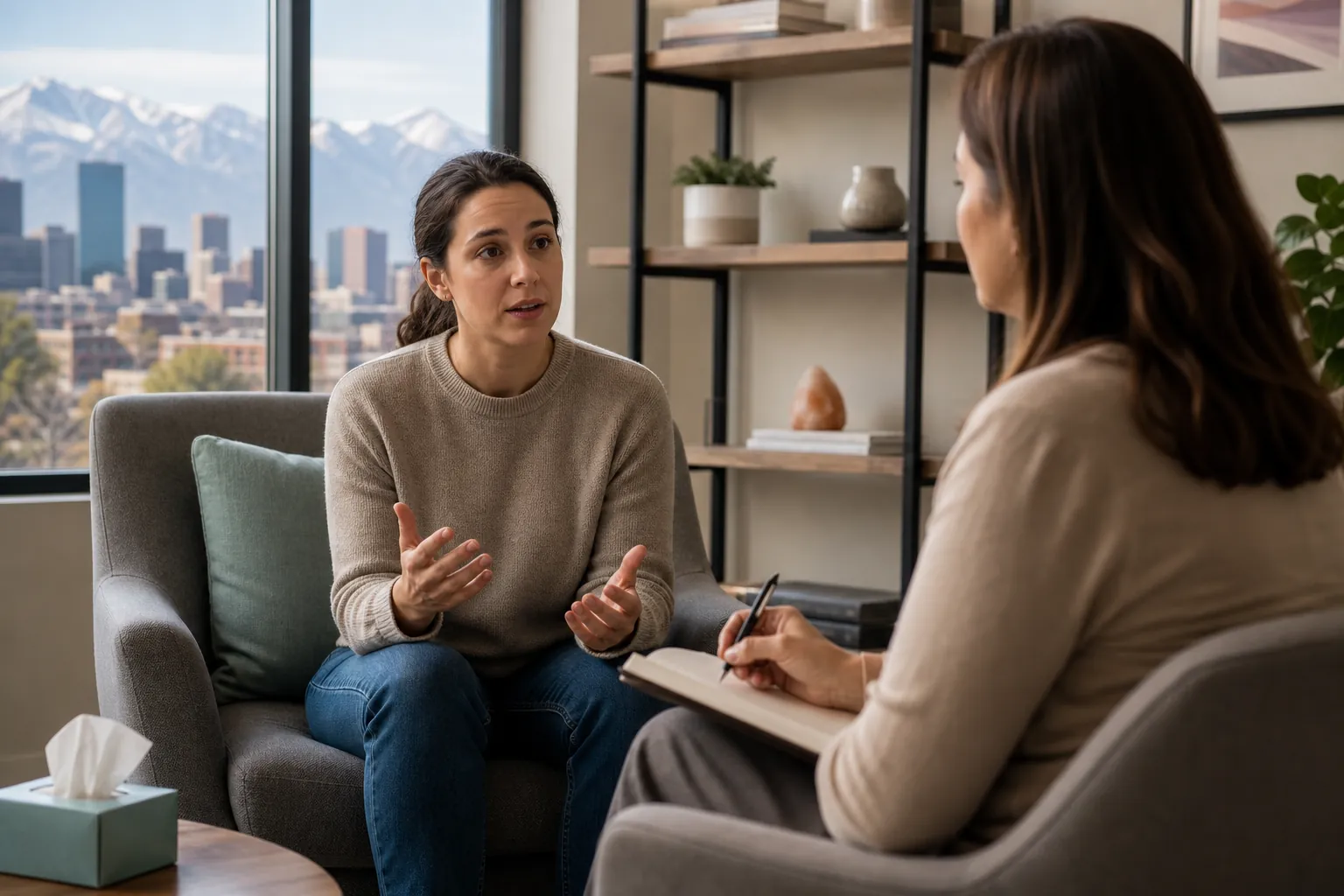 Woman Speaking During a Counseling Assessment A woman gestures while speaking to a seated woman taking notes, with a city skyline and snowy mountains outside the office window.