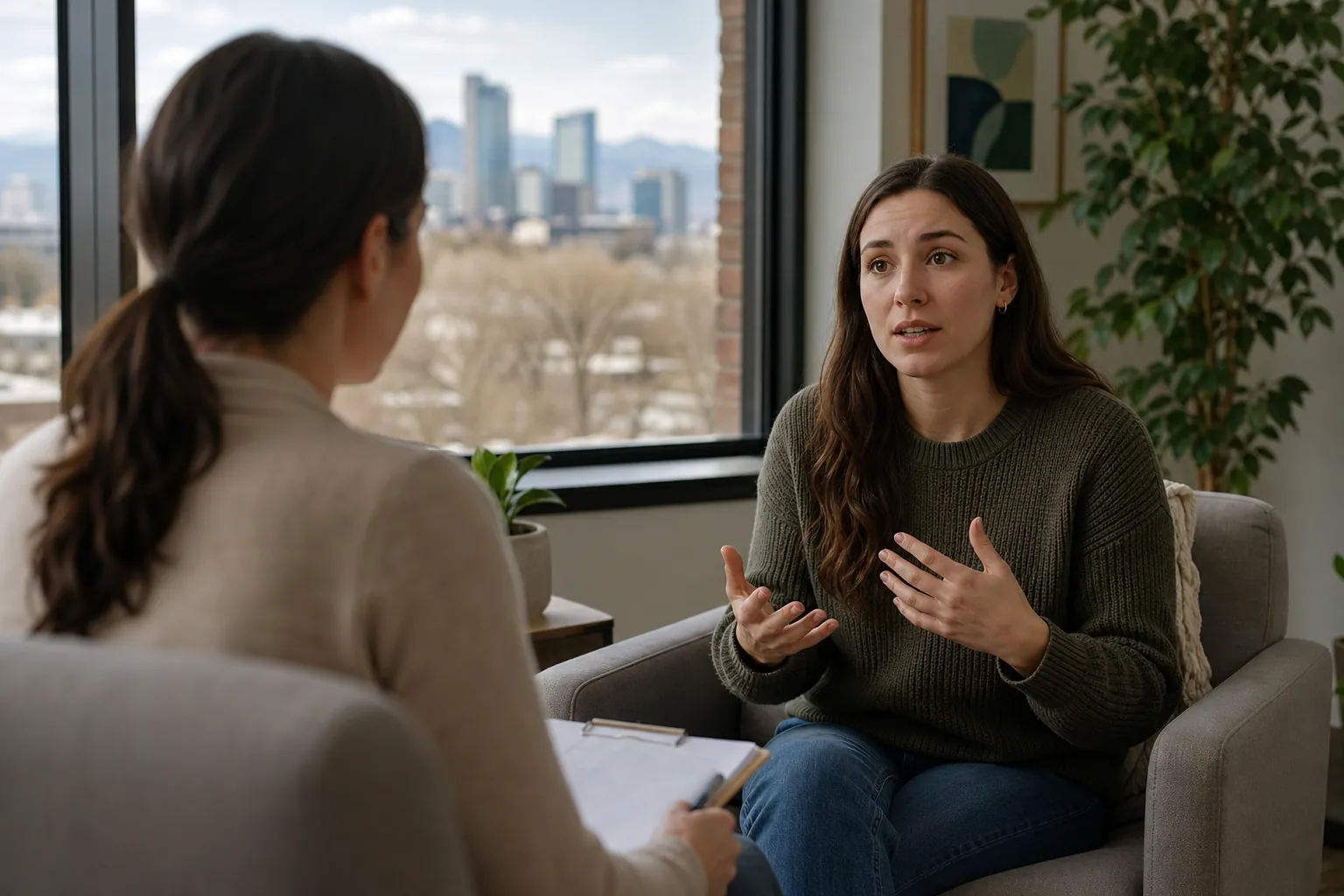 Woman Gesturing During an Office Consultation A woman in a green sweater gestures while speaking to a person holding a clipboard in a bright office.