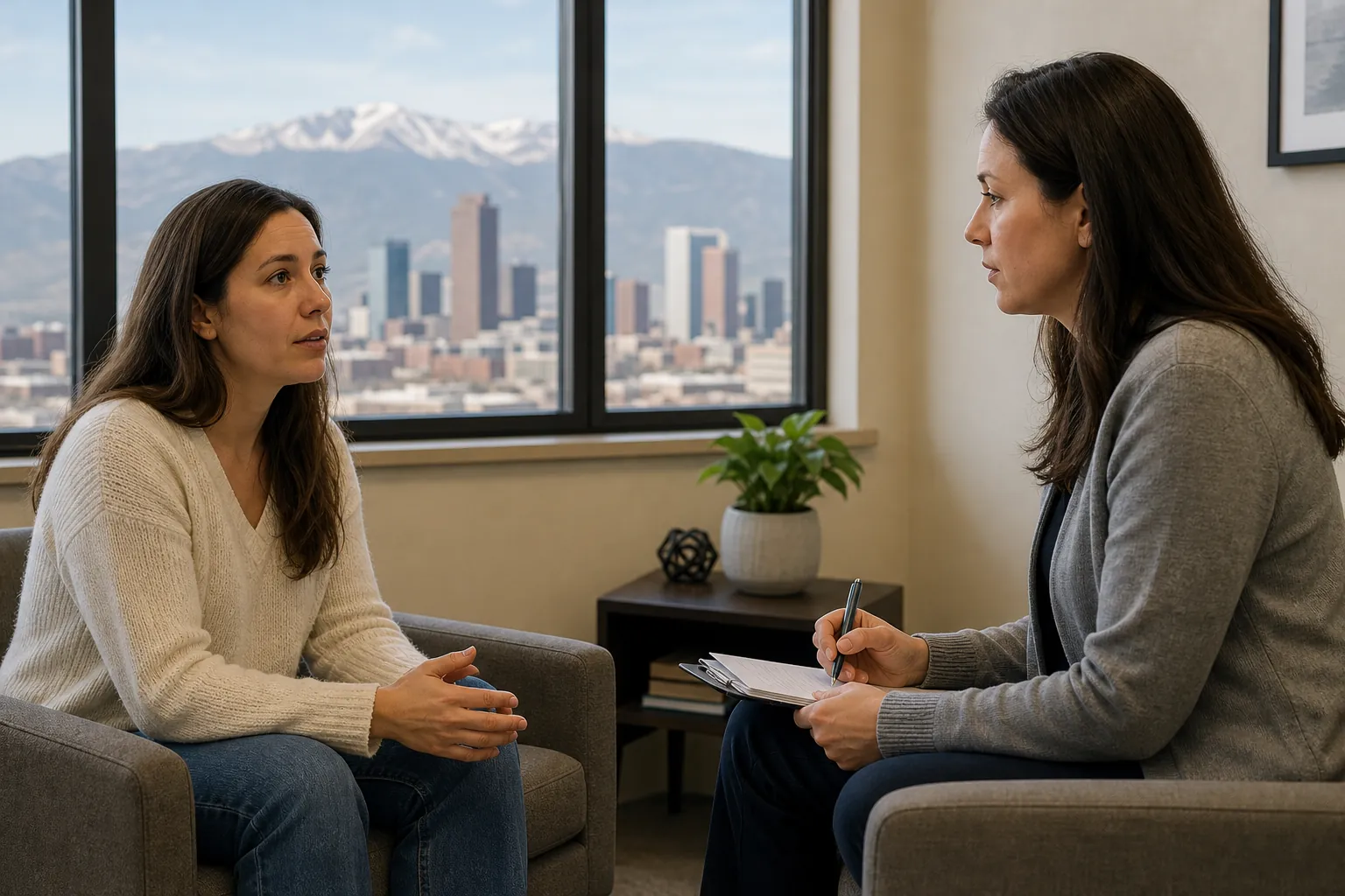 One-on-One Assessment Conversation in an Office Two women sit facing each other in an office, one holding a pen and clipboard, with a city and mountains beyond the window.