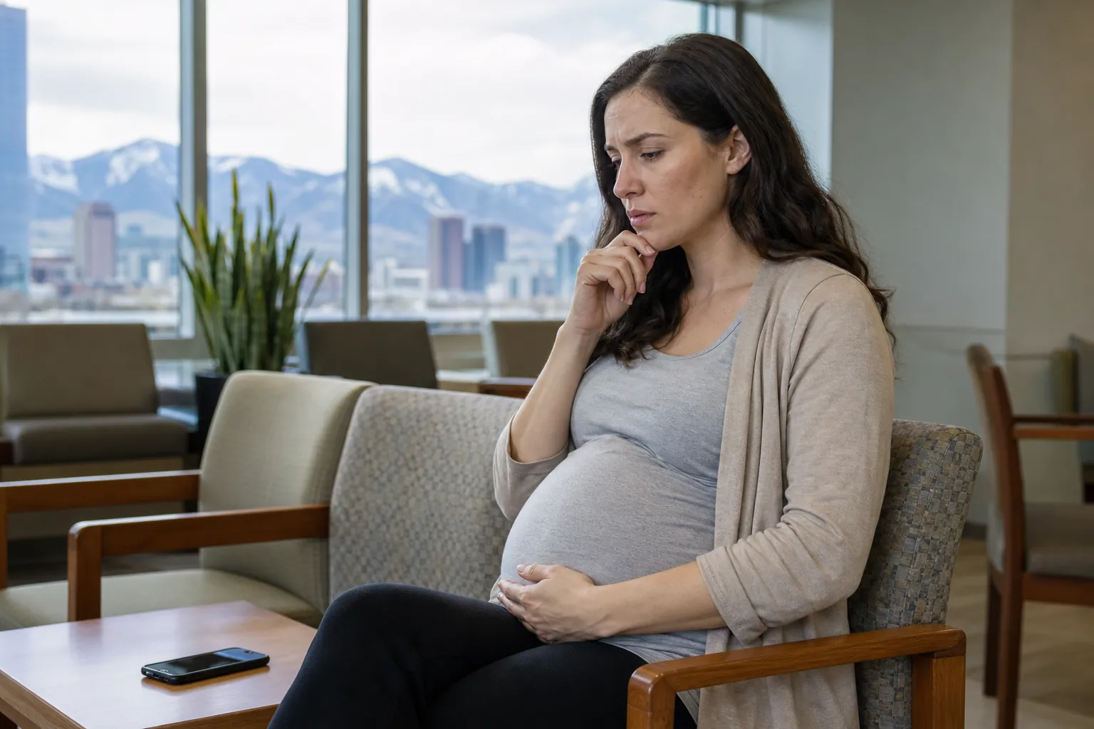 Worried Pregnant Woman in a Waiting Room A worried pregnant woman sits in a waiting room, one hand on her belly and the other at her chin, with mountains beyond the windows.