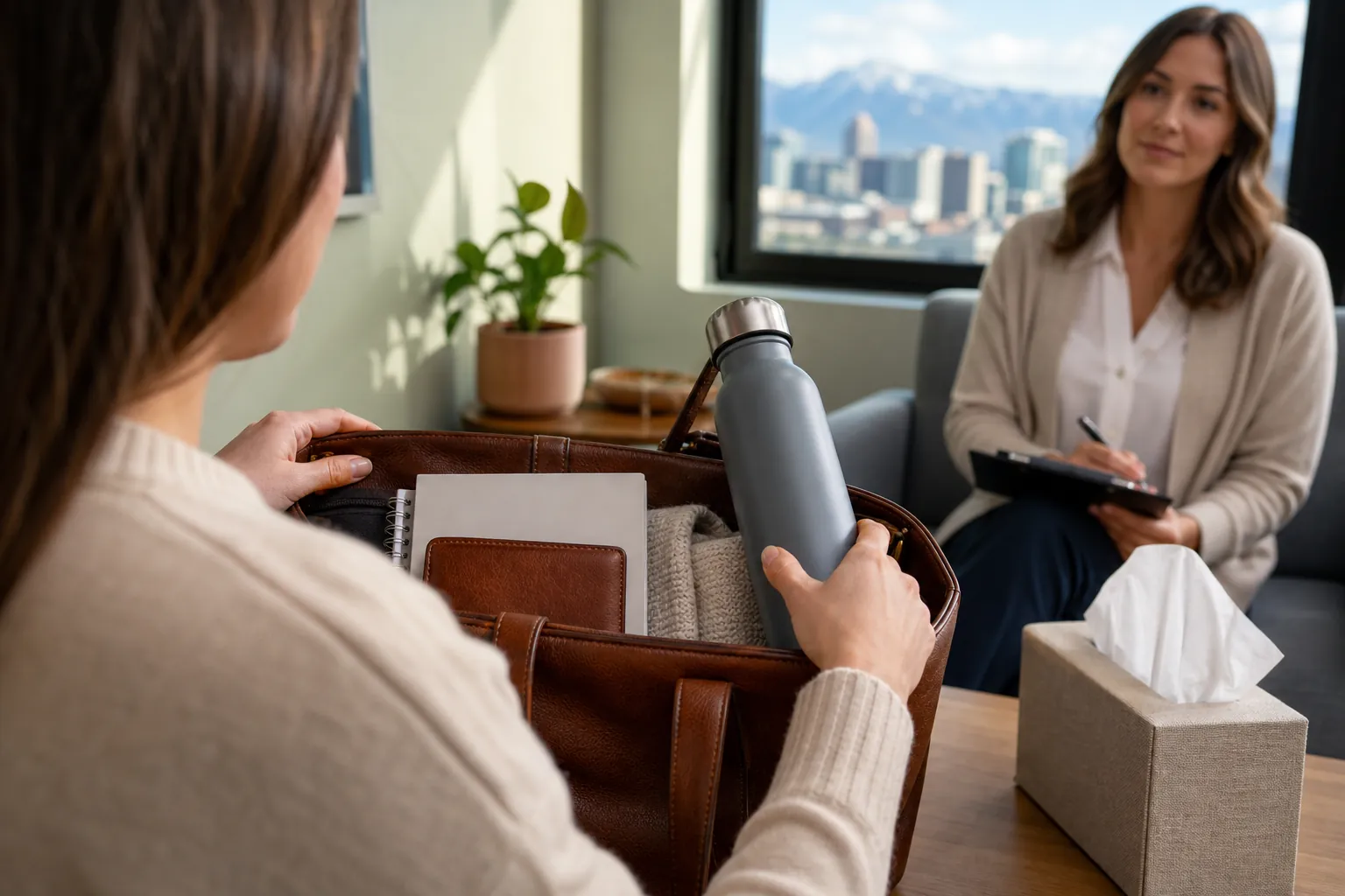 Personal Items to Bring to a Mental Health Assessment A woman holds a water bottle over a bag containing a notebook and wallet while a clinician sits opposite with a clipboard.