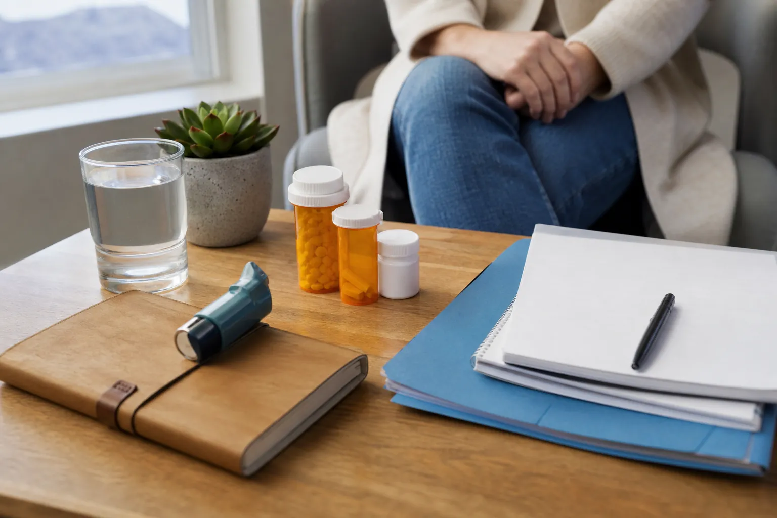 Medications and Notes for a Health Assessment Medication bottles, an inhaler, notebooks, a pen, and a glass of water on a table in front of a seated person.
