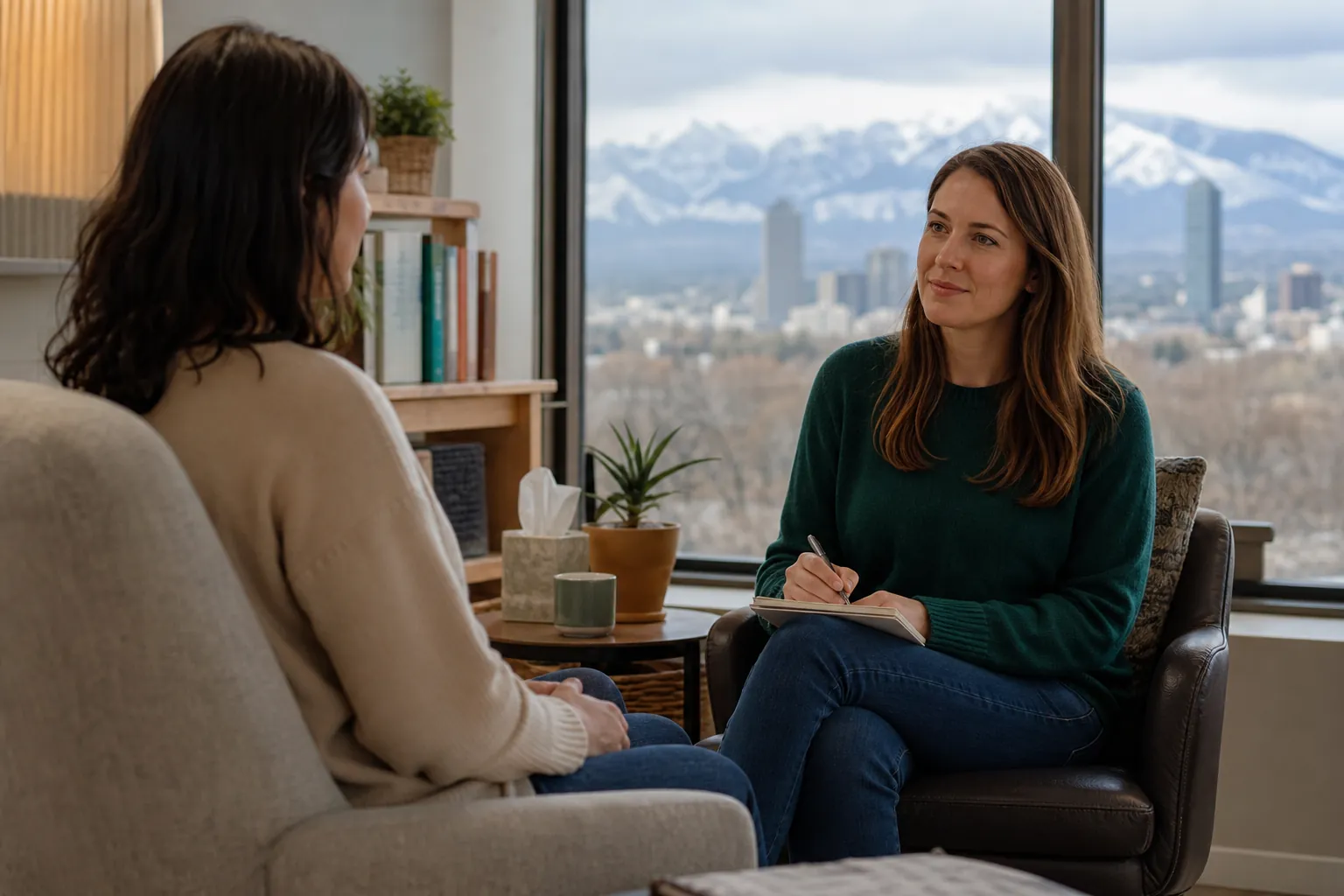 Counseling Session in an Office With Mountain Views Two women sit facing each other in a counseling office, one holding a pen and notebook, with snowy mountains beyond the windows.