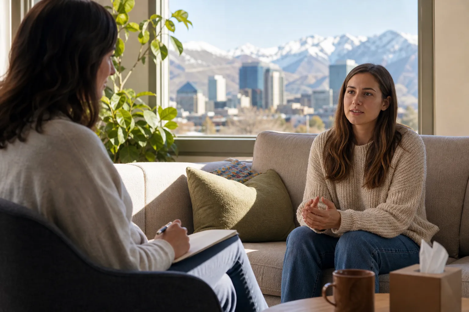 Therapy Conversation in a Sunlit Office A woman sits on a couch talking with a note-taking therapist, with a city skyline and snowy mountains outside the window.