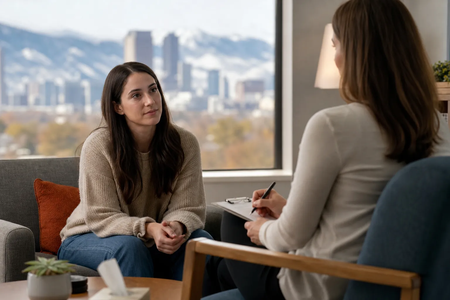Counselor and Client in an Office Assessment Session A woman sits on a sofa facing a counselor holding a pen and clipboard, with a city skyline and mountains outside the window.