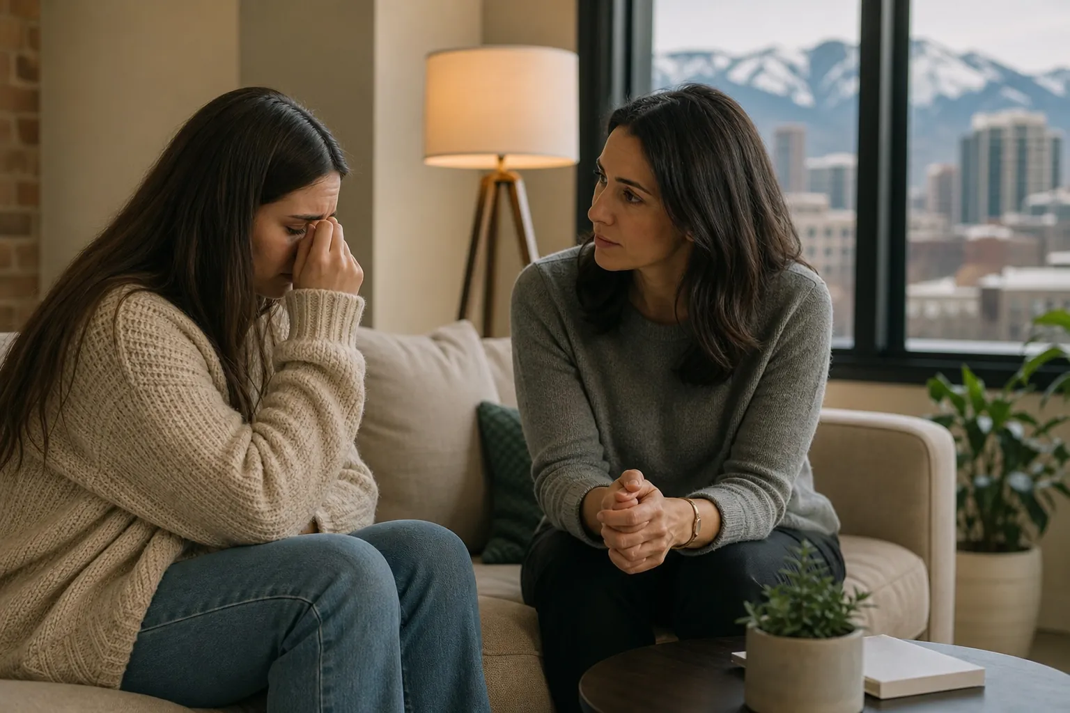 Supportive Conversation With a Distressed Woman A distressed woman covers her eyes while another woman leans toward her on a sofa, with a city and snowy mountains outside.