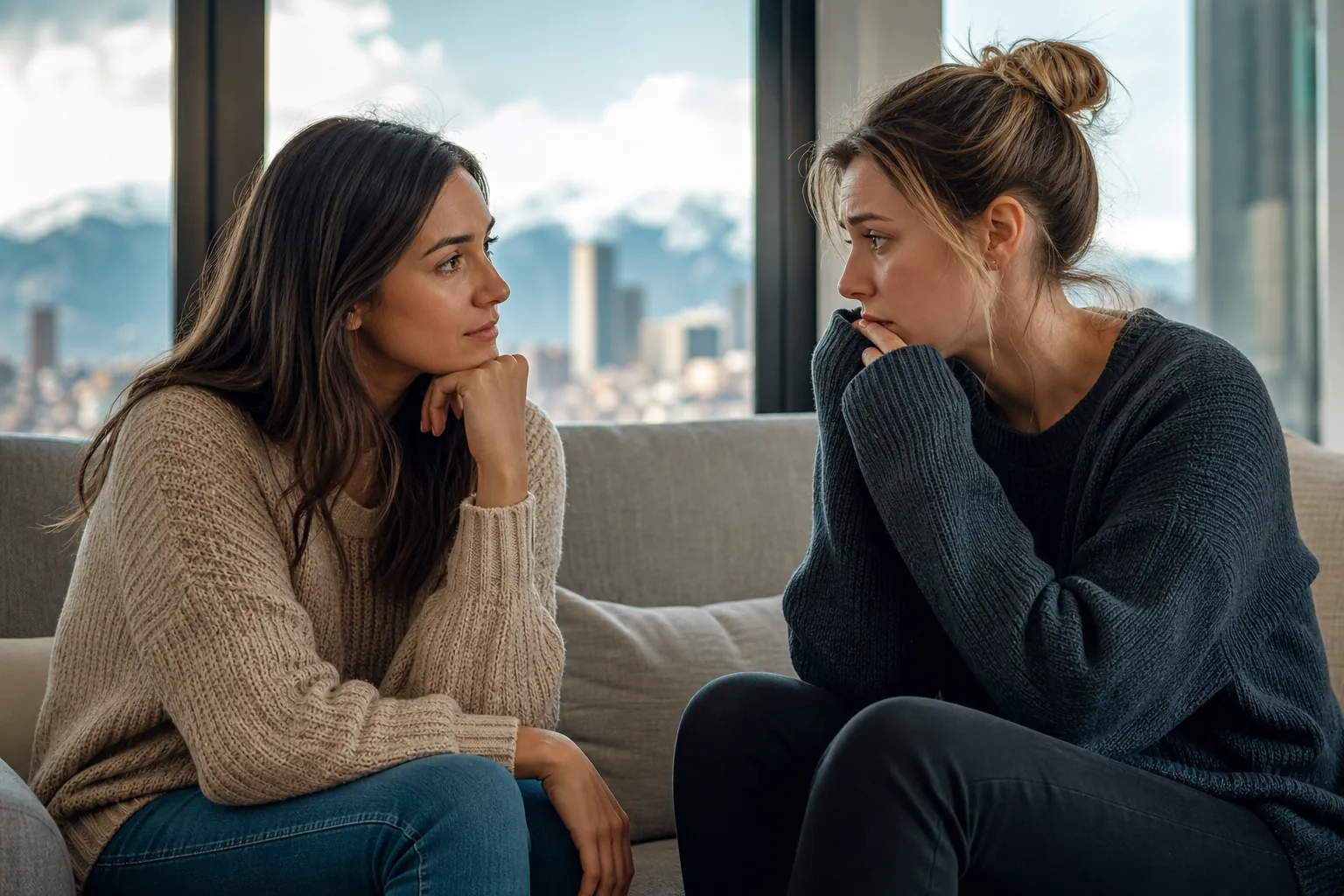 Supportive Conversation Between Two Women on a Couch Two women sit facing each other on a couch, one listening as the other looks worried, with a city and mountains behind them.