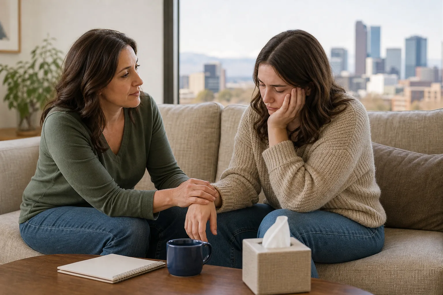 Woman Comforting a Distressed Loved One A woman comforts a distressed woman on a couch, resting a hand on her wrist, with tissues and a mug on the table.