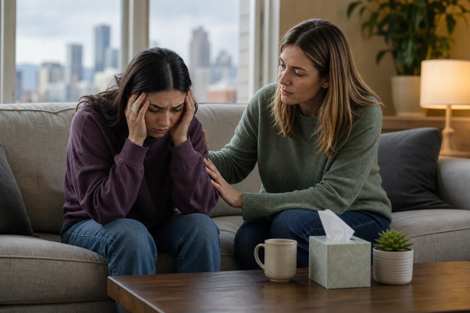 Woman Comforting a Distressed Loved One on a Couch A distressed woman holds her head while another woman comforts her on a couch, with tissues and a mug on the coffee table.