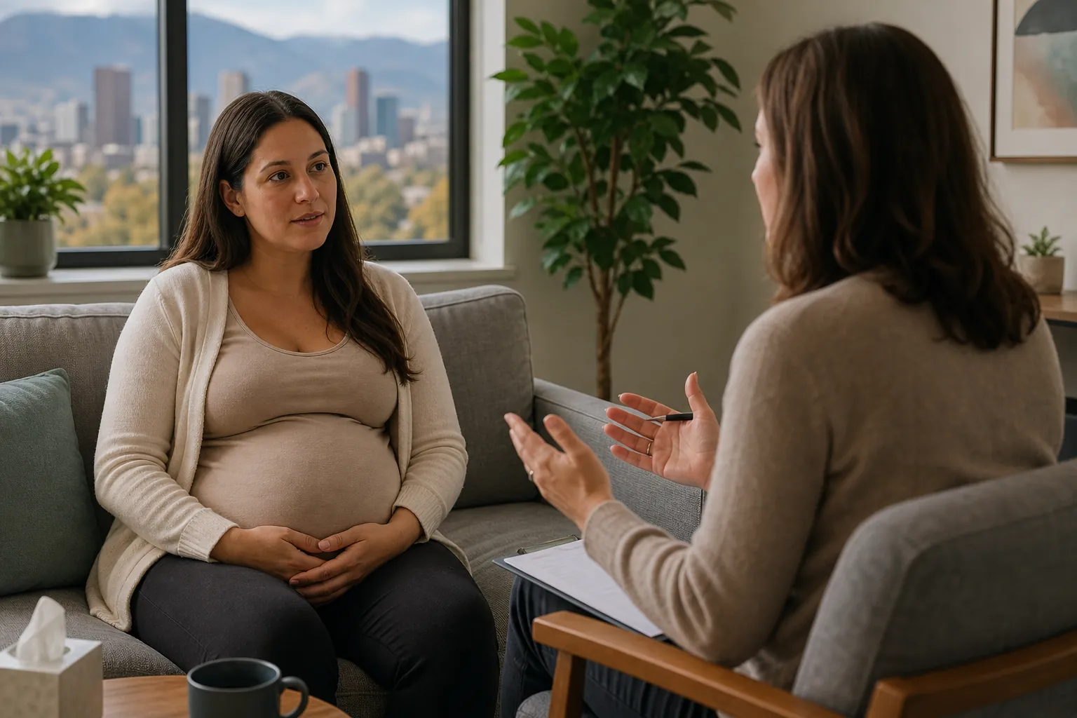 Pregnant Woman Speaking With a Counselor A pregnant woman sits on a sofa facing a counselor with a clipboard, with a city skyline and mountains outside the window.
