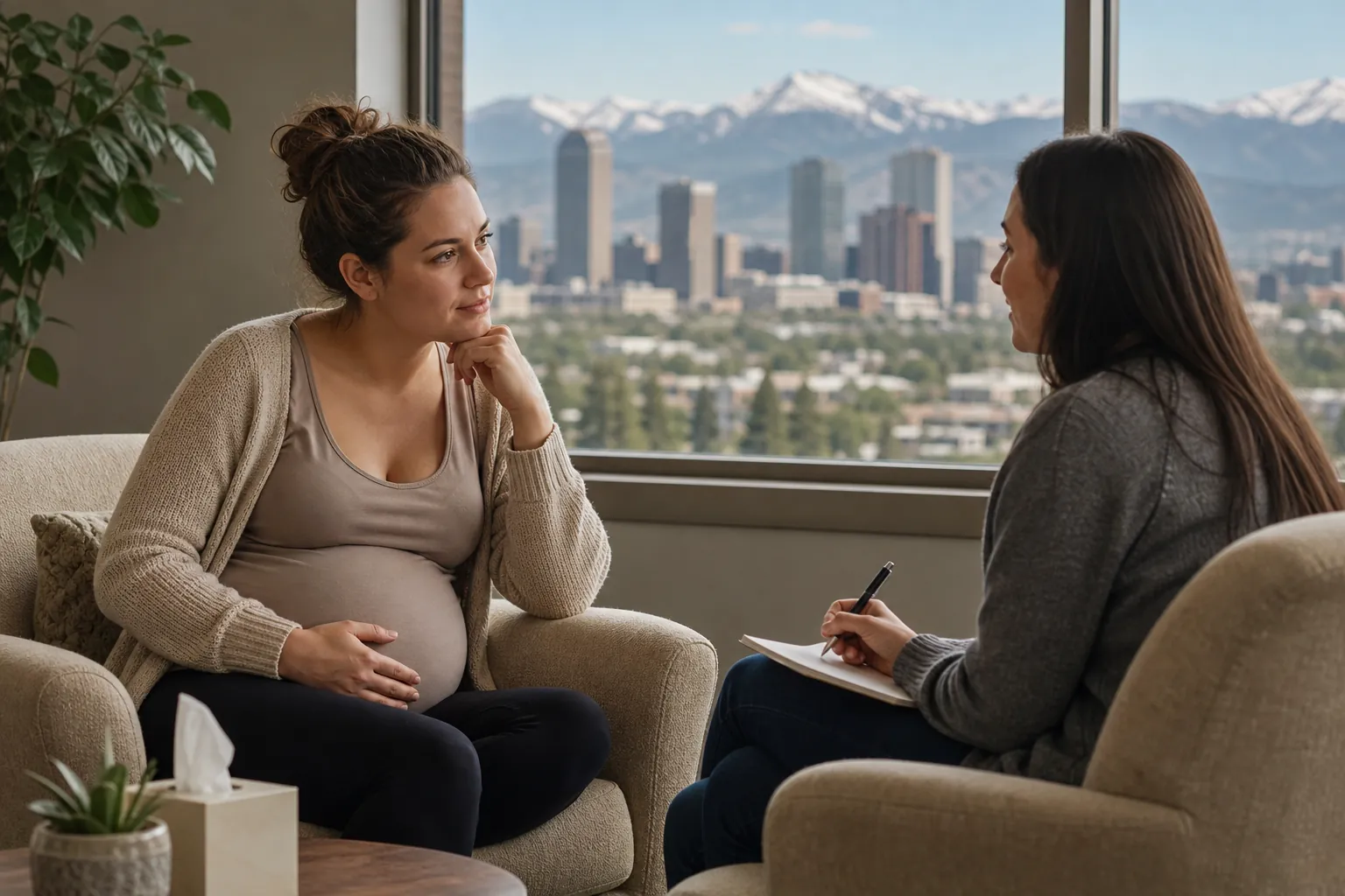 Pregnant Woman in a Consultation Overlooking the City A pregnant woman rests a hand on her belly while speaking with a woman holding a pen and notebook, with a city skyline behind them.