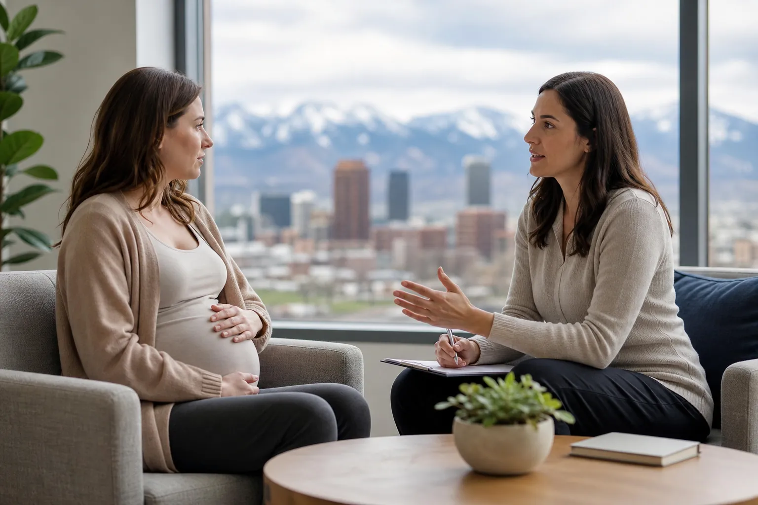 Pregnant Woman Discussing Care With a Counselor A pregnant woman talks with a woman holding a pen and clipboard beside a window overlooking a city and snowy mountains.