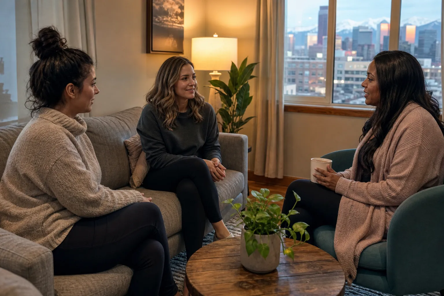 Three Women Sharing a Conversation in a Cozy Room Three women sit together in a cozy room, one holding a mug, with plants and a city skyline backed by mountains outside.