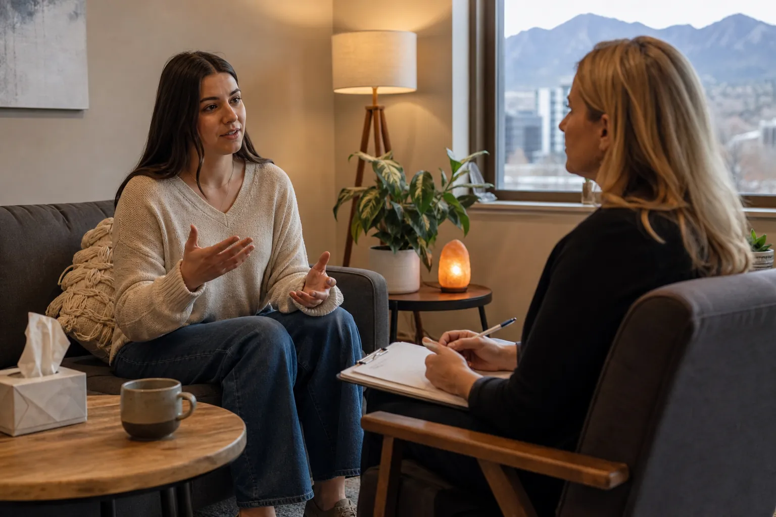 One-on-One Conversation in a Therapy Office A woman gestures while speaking with another woman holding a pen and clipboard in a cozy office with mountain views.