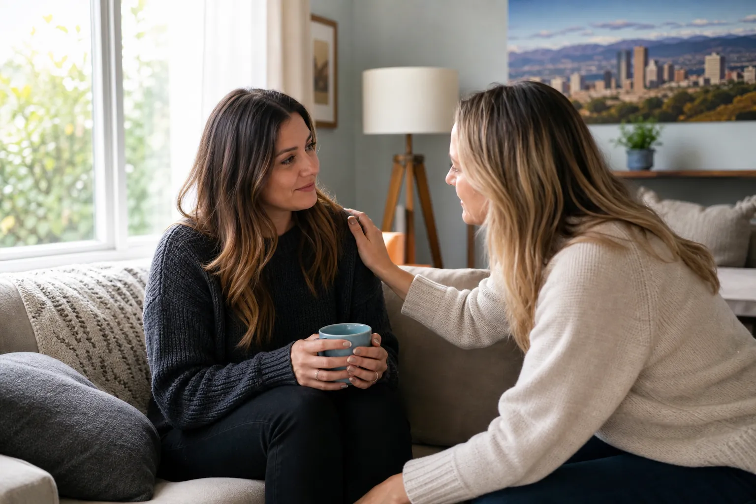 Supportive Conversation Between Two Women Two women sit on a couch, one holding a blue mug while the other rests a reassuring hand on her shoulder.