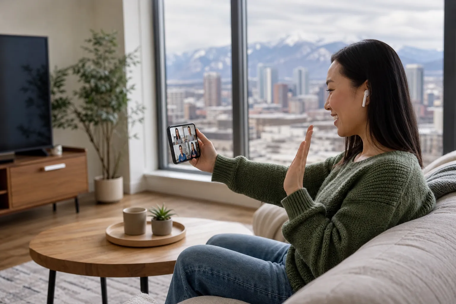 Joining a Group Video Call on a Smartphone A woman wearing earbuds waves during a four-person video call on her phone, seated on a sofa with city and mountain views.