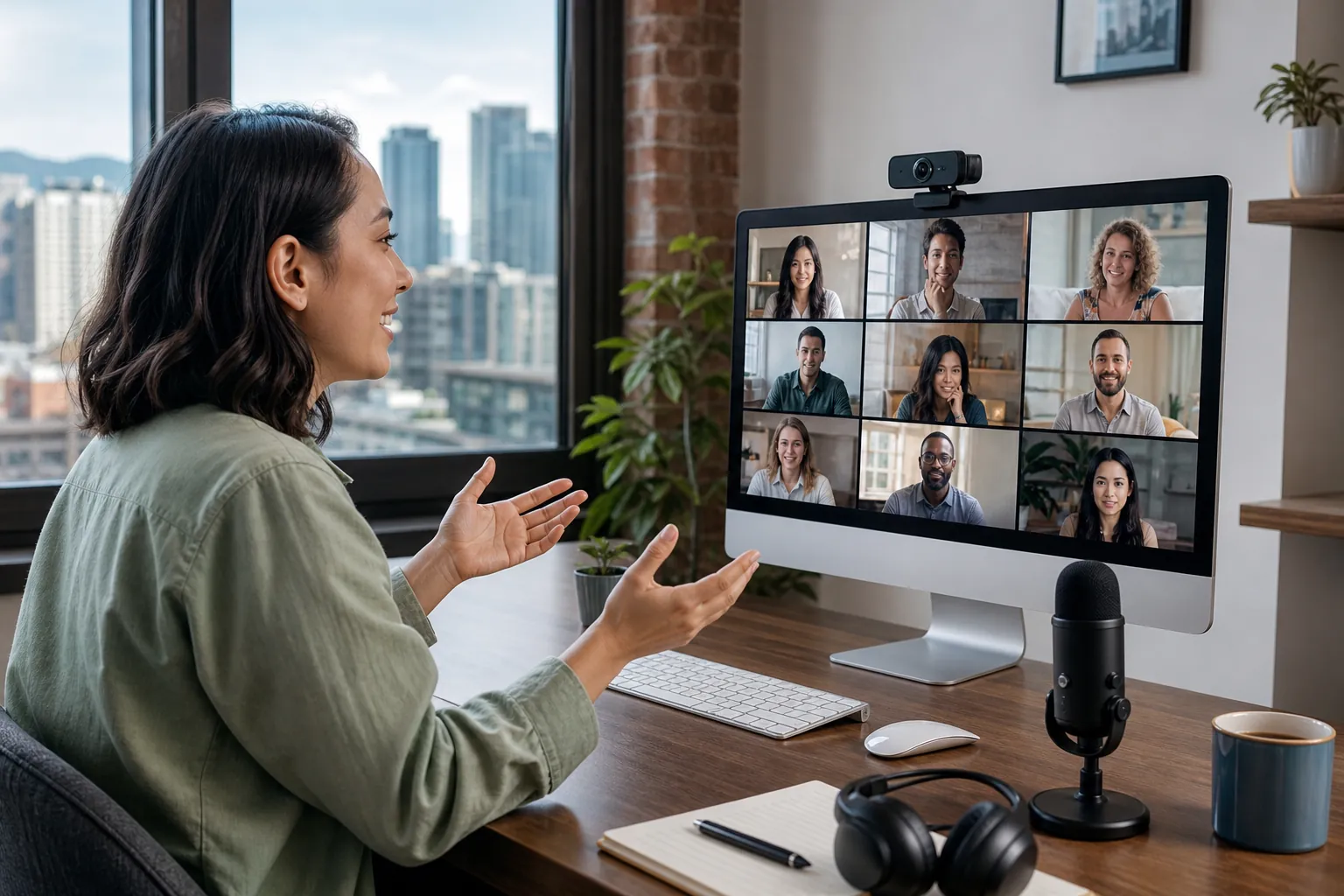 Virtual Group Video Call at a Home Office Desk A woman gestures during a nine-person video call at a desk with a webcam, microphone, headphones, and keyboard.