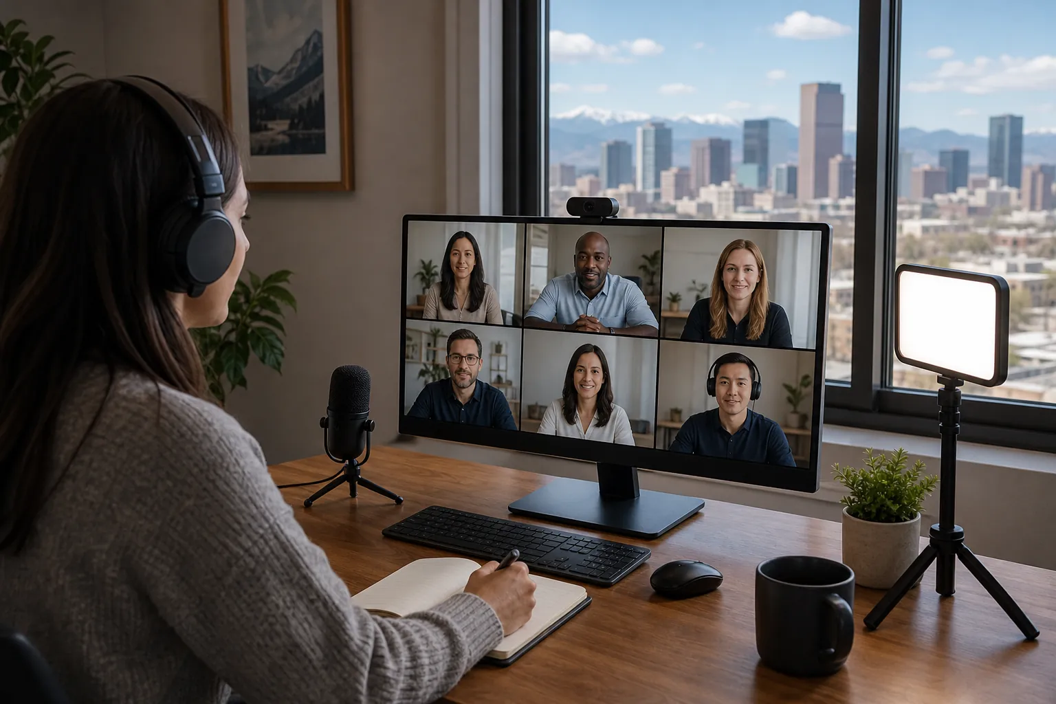 Desktop Equipment for a Virtual Group Video Call A woman wearing headphones joins six people on a video call with a webcam, desktop microphone, and panel light at her desk.