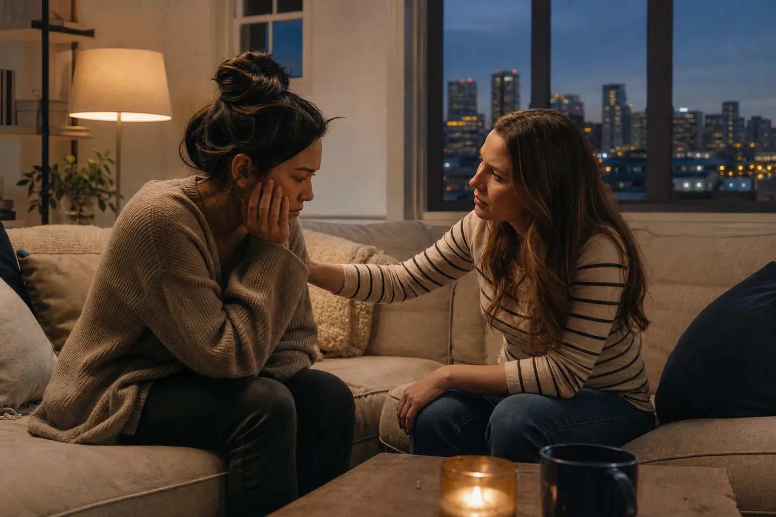 Two women sit on a sofa at dusk, one looking down with her hand on her cheek while the other reaches out to comfort her.