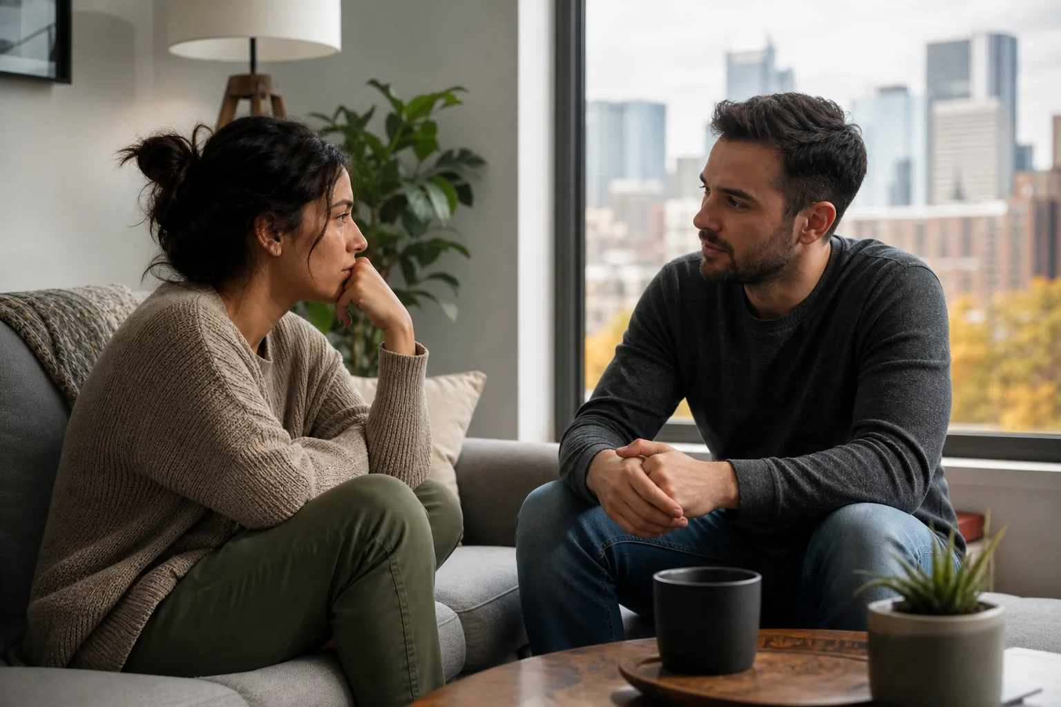 A woman rests her chin on her hand while a man leans toward her attentively on a sofa beside a large city-facing window.