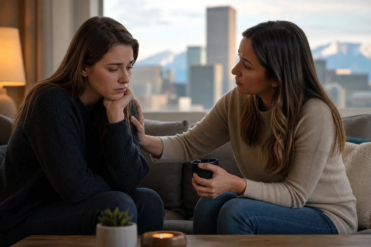 A woman holding a black mug comforts a worried woman on a sofa, resting a hand on her shoulder with mountains visible outside.