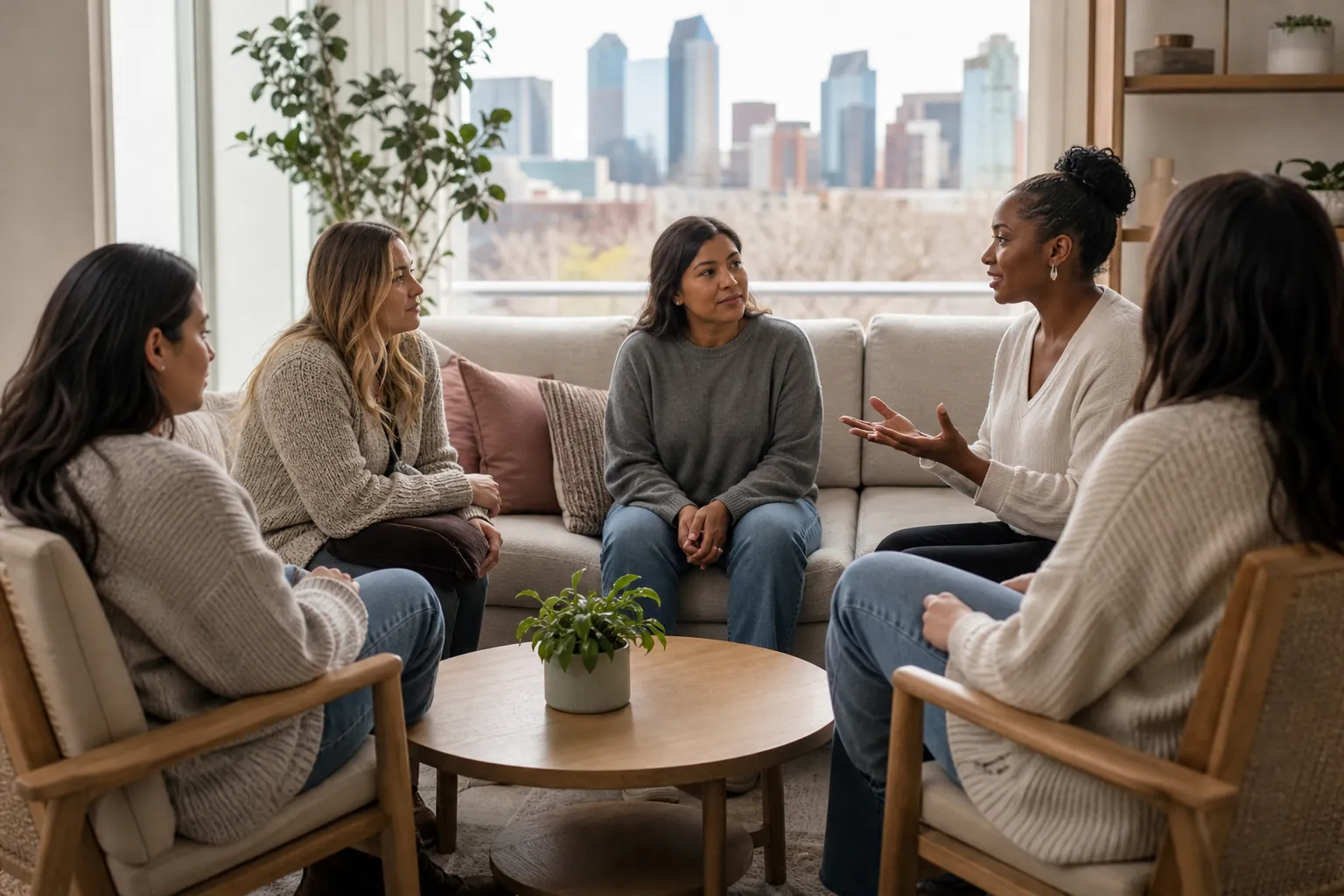 Five women sit in a circle around a wooden coffee table, listening as one woman gestures in a bright room with a city view.