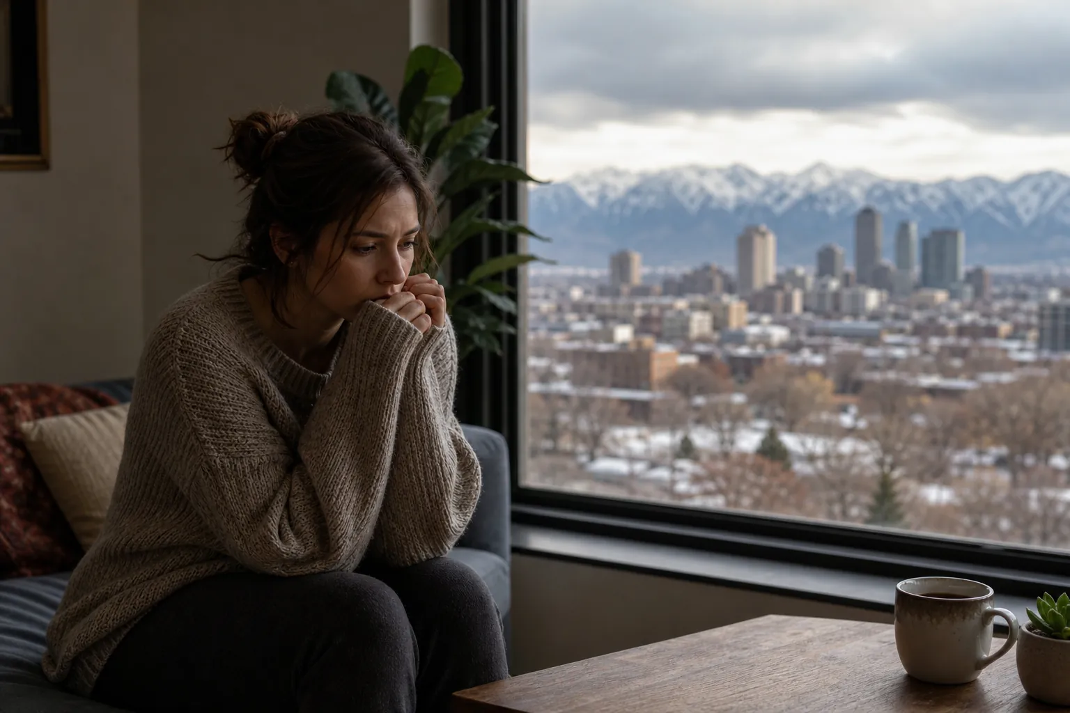 Pensive Woman Beside a Window With Mountain Views A woman in a knit sweater sits hunched with her hands near her mouth beside a window overlooking a city and snowy mountains.