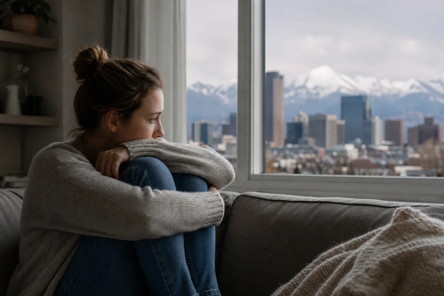 Woman Hugging Her Knees Beside a Window A woman in a gray sweater hugs her knees on a couch, looking out a window toward a city skyline and snowy mountains.