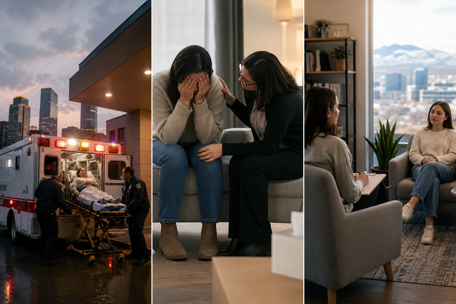Emergency Transport, Crisis Support, and Outpatient Counseling Three panels show ambulance transport, a distressed woman receiving comfort, and two women in an outpatient counseling session.