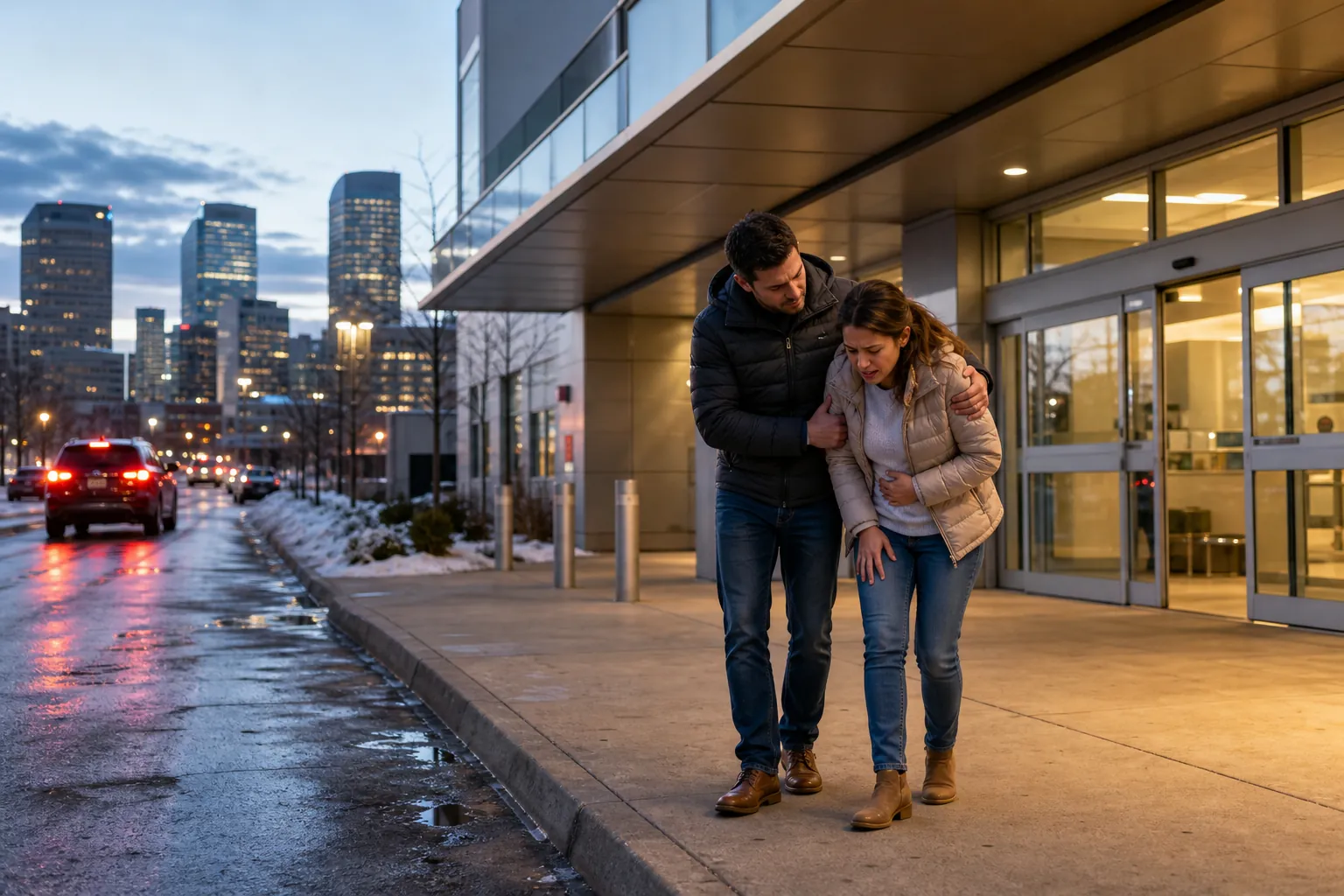 Man Supporting a Woman With Abdominal Pain A man supports a woman clutching her abdomen outside a glass building entrance beside a snowy city street at dusk.