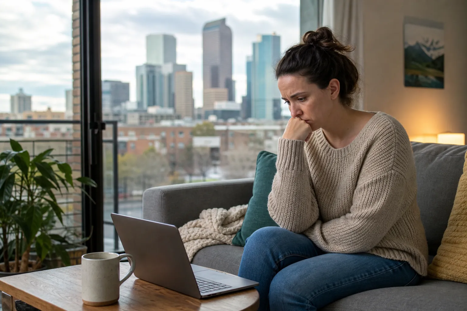 Worried Woman Sitting on a Sofa Beside a Laptop A worried woman sits on a gray sofa with her fist against her mouth, facing a laptop beside a window overlooking city buildings.