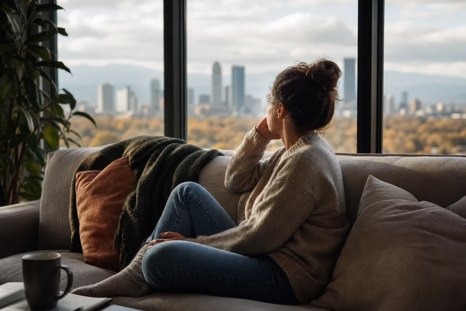 Woman Sitting Quietly on a Sofa by a Window A woman in a gray sweater sits curled up on a sofa, resting her chin on her hand and looking toward a city skyline.