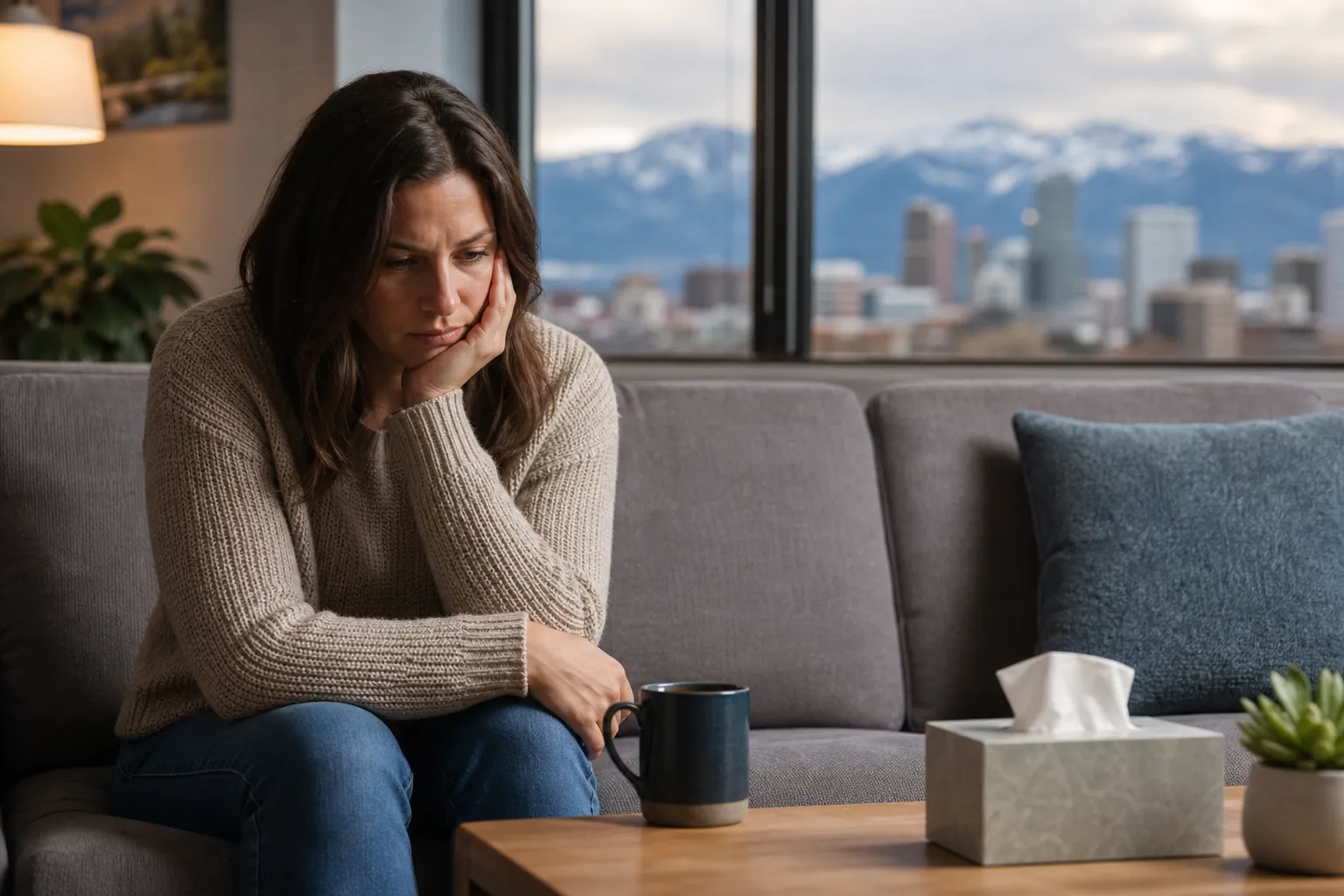 Pensive Woman on a Sofa With Tissues Nearby A worried-looking woman rests her cheek in her hand on a gray sofa, with tissues and a mug nearby and mountains outside.