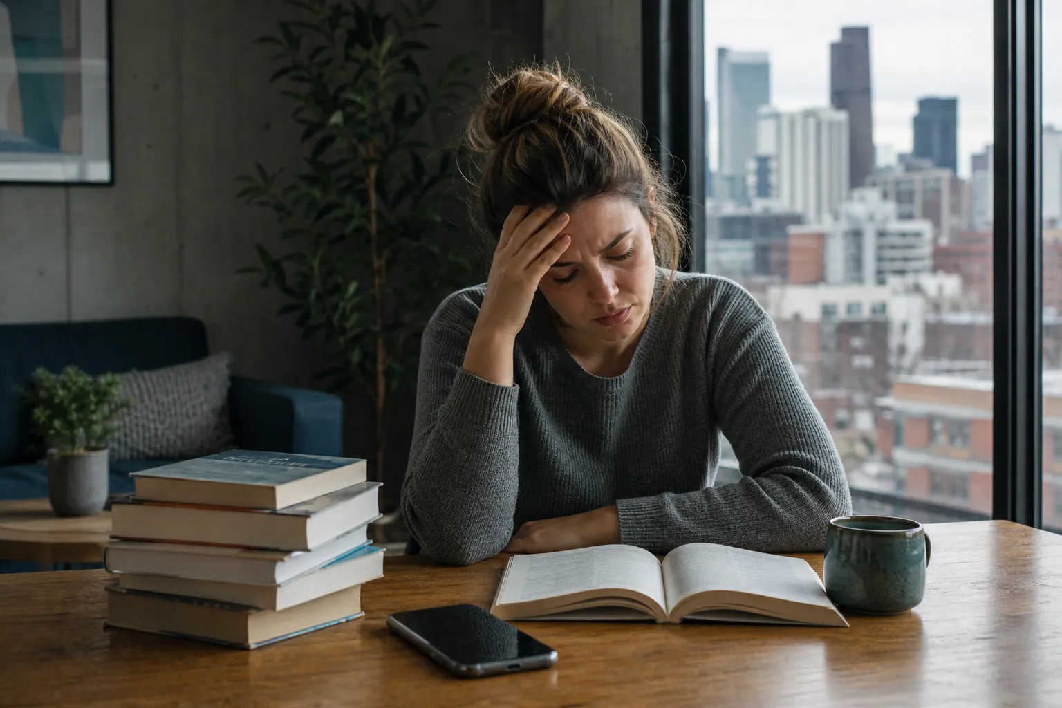 Overwhelmed Woman Sitting With Books and a Smartphone A woman holds her forehead at a wooden table with an open book, stacked books, a smartphone and a mug beside a city-view window.