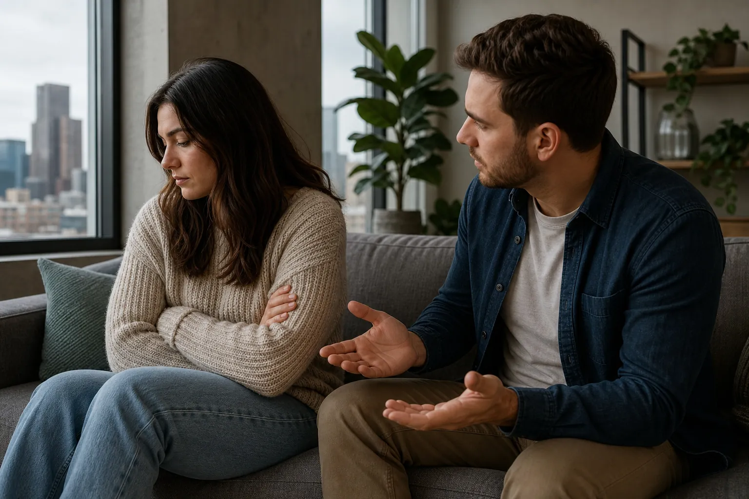 Woman Looks Away as Man Gestures Beside Her A woman sits with crossed arms and looks away as a man beside her gestures with open hands on a gray sofa.