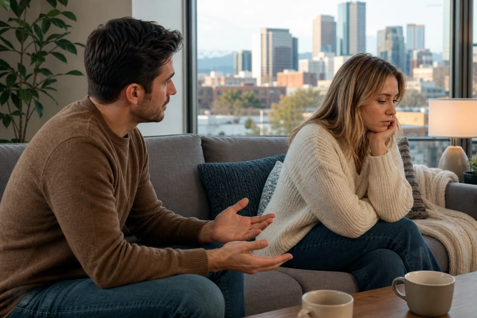 Man Talking to a Woman Who Looks Away on a Couch A man gestures toward a woman who looks away with her chin resting on her hand as they sit on a couch by a city-view window.