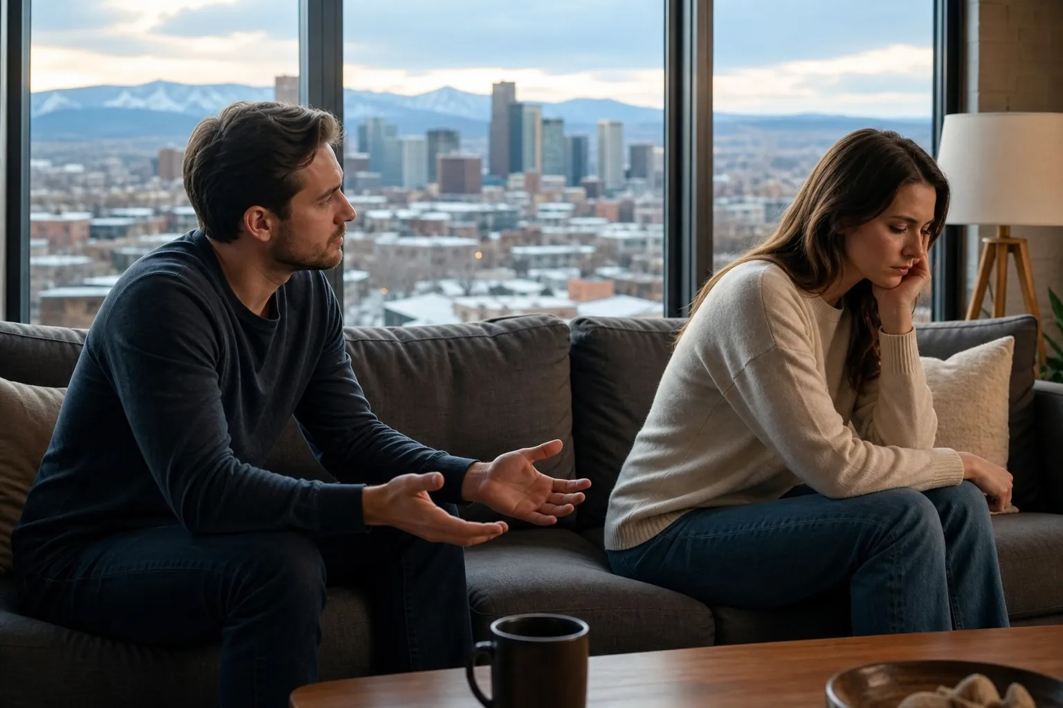 Woman Looking Away as a Man Gestures Beside Her A man gestures toward a woman looking away with her cheek resting on her hand, seated on a sofa overlooking a city and mountains.