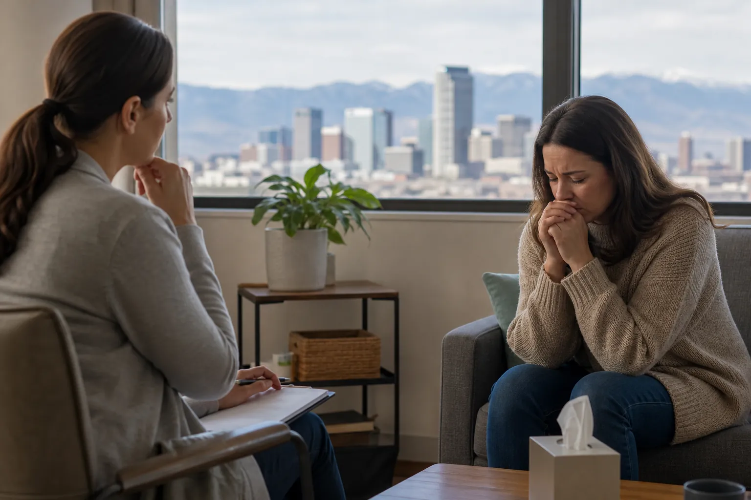 Woman Speaking With a Counselor in an Office A distressed woman clasps her hands near her face while a counselor holds a clipboard, with a city and mountains outside.