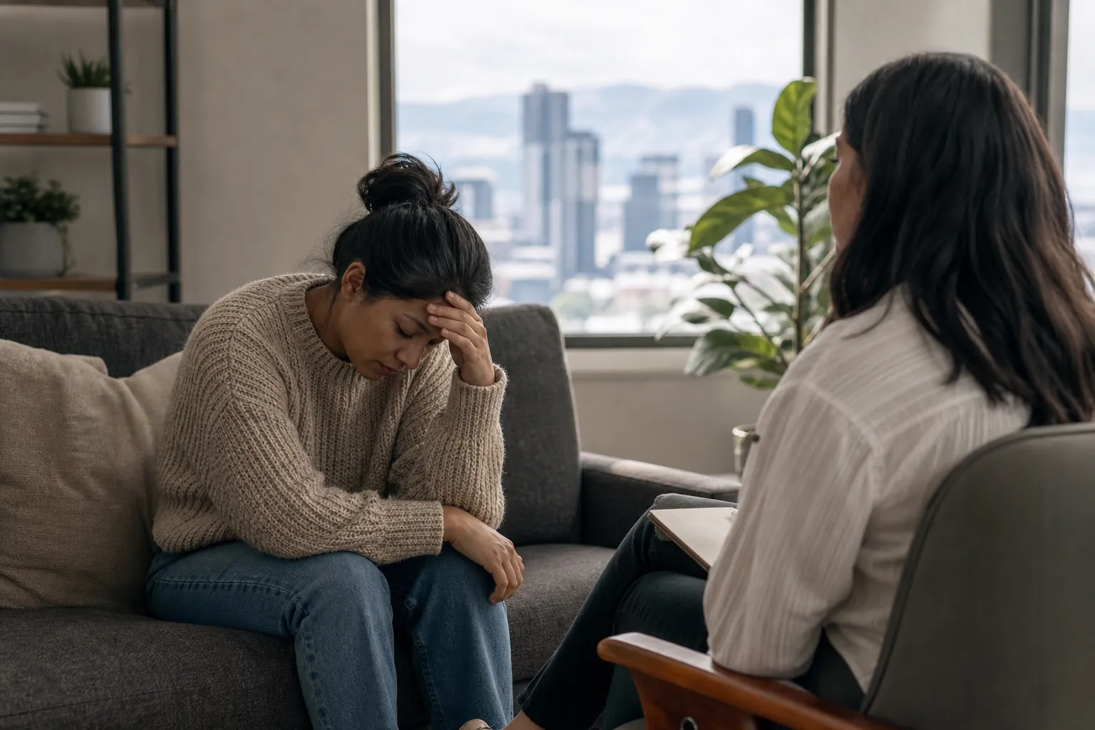Distressed Woman Speaking With a Counselor A distressed woman sits on a sofa with her hand on her forehead, facing another woman holding a notebook.